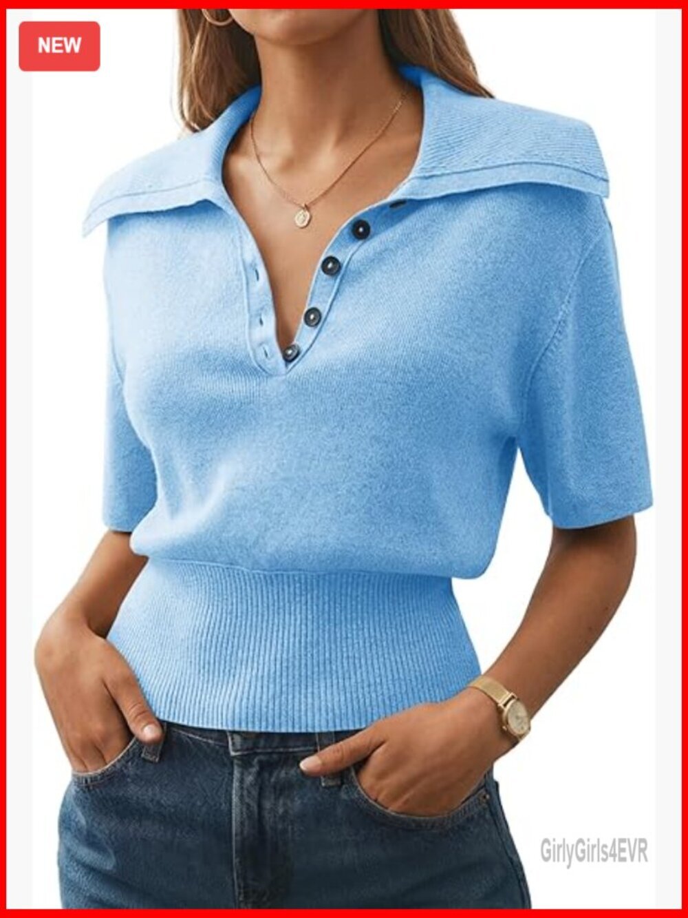 Short Sleeve Polo Sweater Top V Neck Collared Ribbed Hem Loose Knit